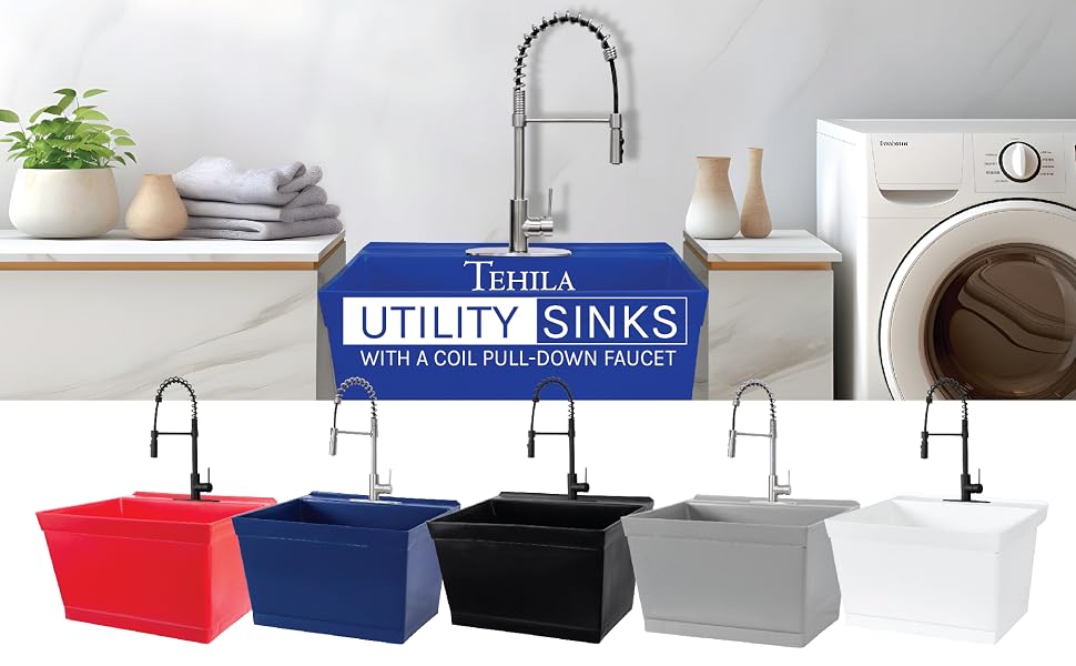 Tehila Utility Sink Laundry Tub with High Arc Coil Pull-down Faucet