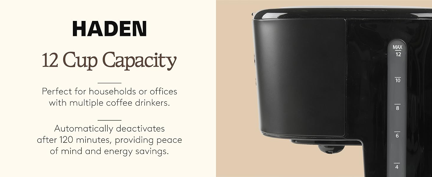Text reads: 12 Cup Capacity. Close up image of Coffee Machine in black and copper..