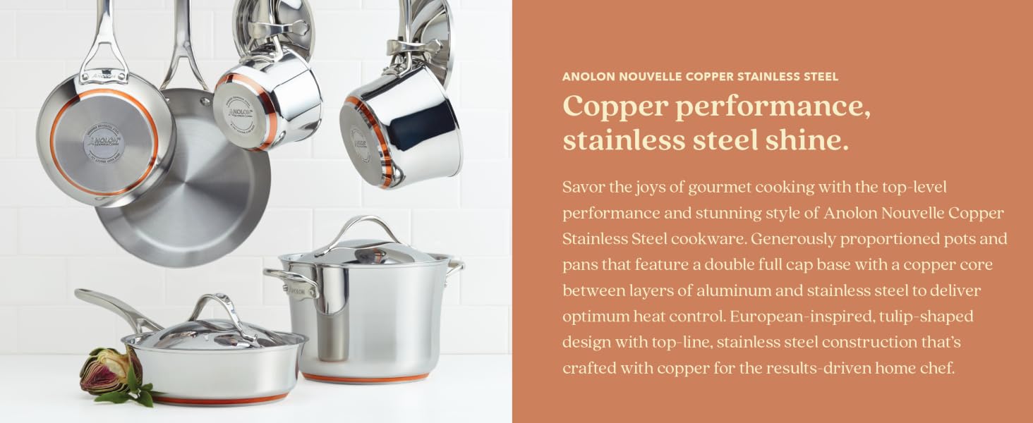 Anolon stainless steel cookware set with hanging pots and pans