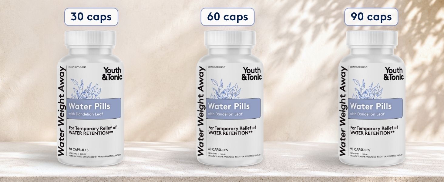 Water Weight Away in 30, 60 and 90-capsule sizes.