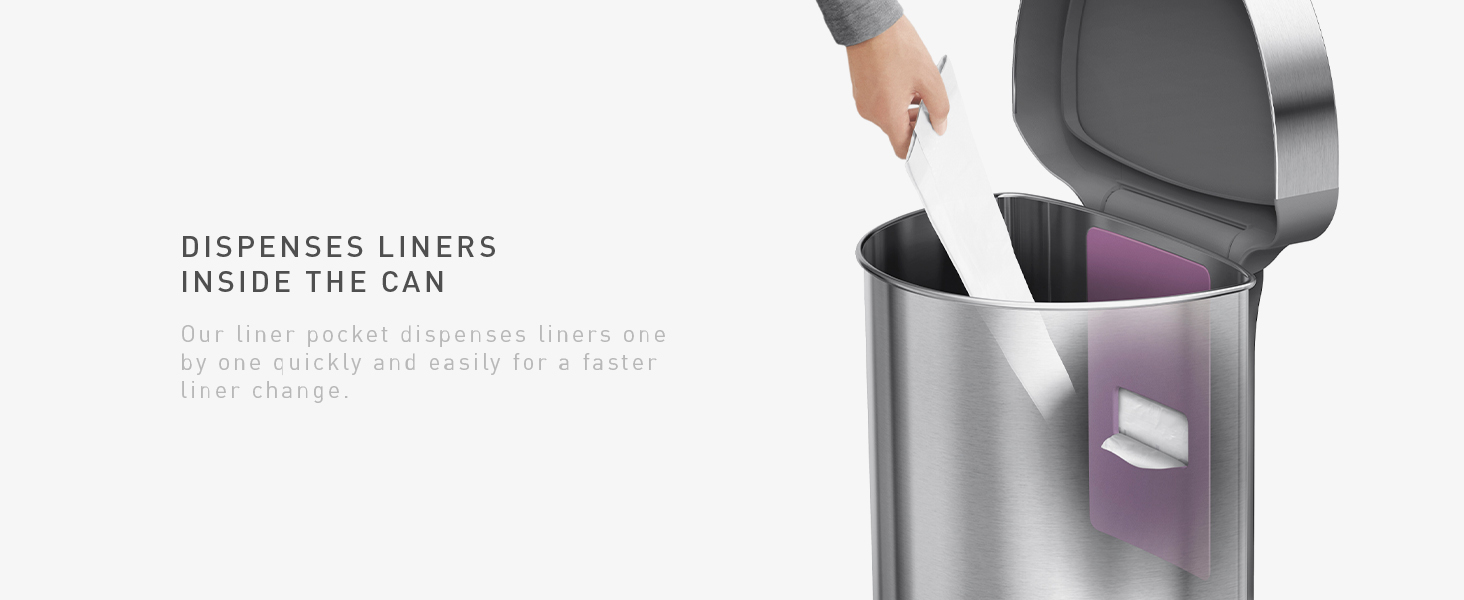 Dispenses Liners Inside the Can | Our liner pocket dispenses liners one by one quickly and easily