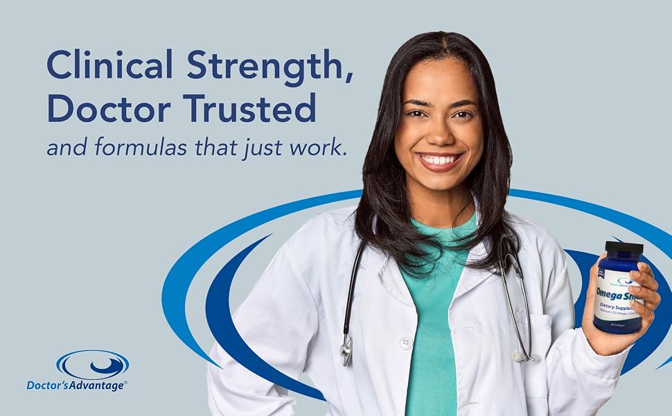 Young doctor holding Omega Shield Product &amp;#34;Clinical Strength, Doctor Trusted&amp;#34;