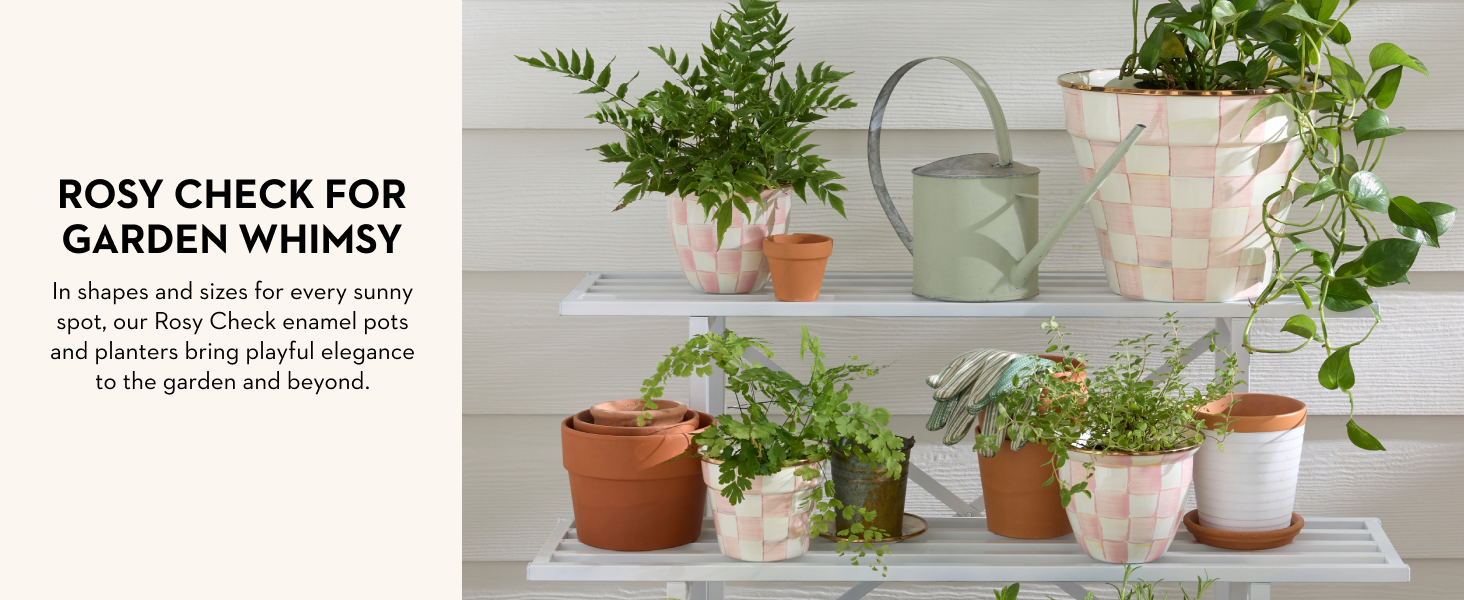 Mackenzie-Childs flowerpots. Text reads: Rosy Check for garden whimsy.