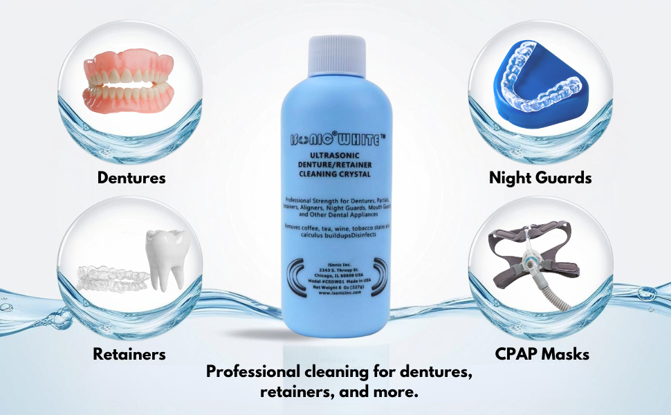 Bottle of isonic white denture retainer cleaner crystal with denture nightguard retainer cpap mask