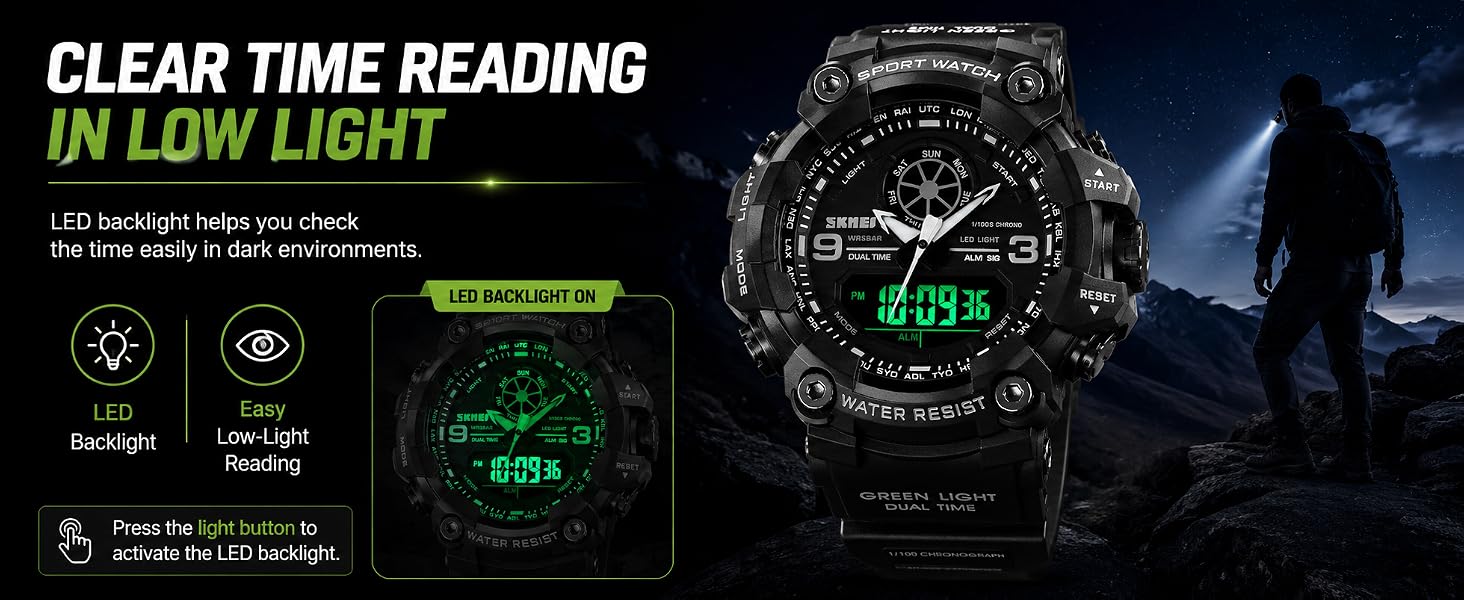 Mens Analog Digital Dual Display Sports Watches Military Multifunctional 50M Waterproof LED Watch