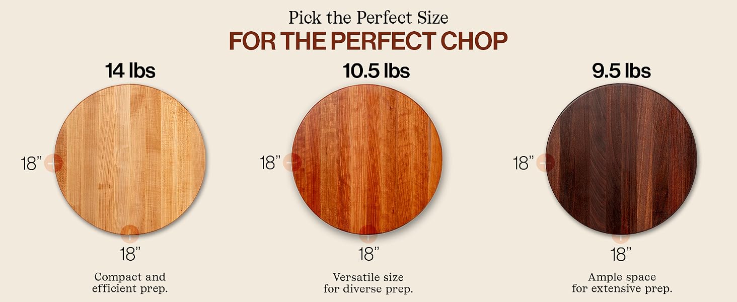 Three 18” round cutting boards in maple, cherry, &amp;amp; walnut. Text: PICK THE PERFECT SIZE.