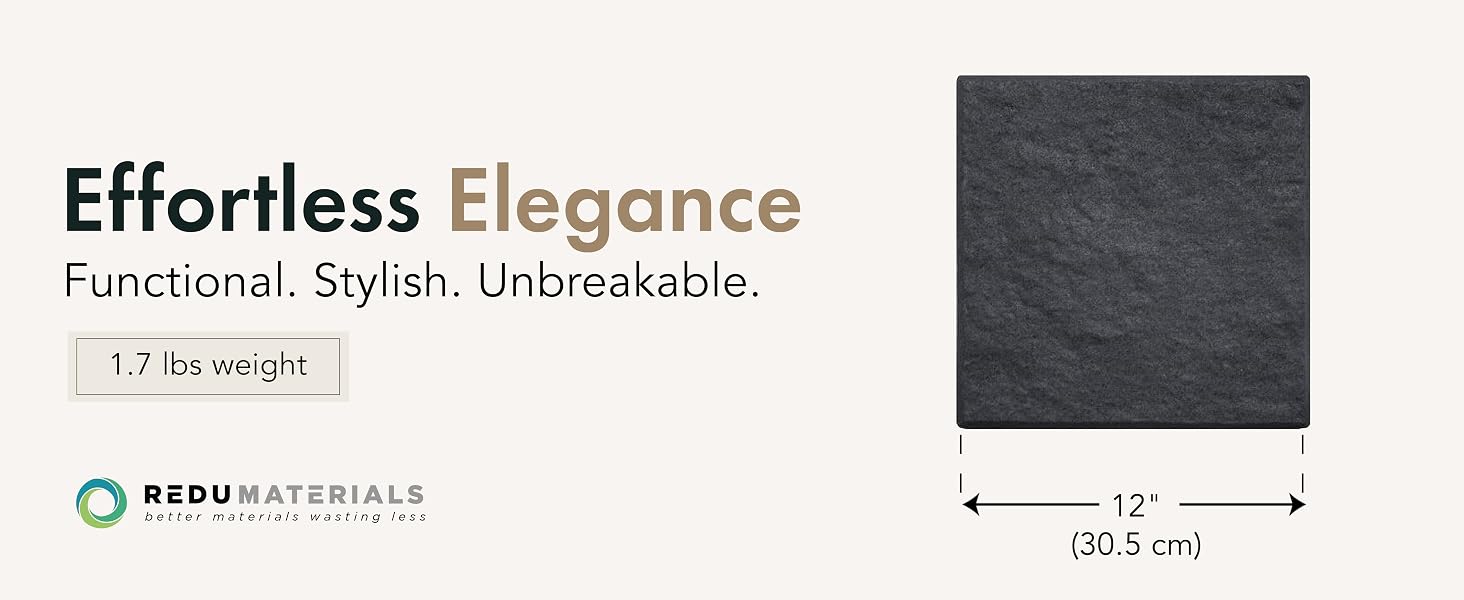 Rubber stepping stone shown with dimensions. Text Reads: Effortless Elegance.