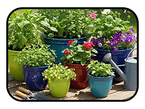 A grouping of container plants in the sun