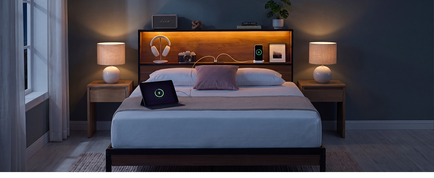 Zinus Kai Platform Bed Frame with amber LED headboard lighting styled in a modern bedroom