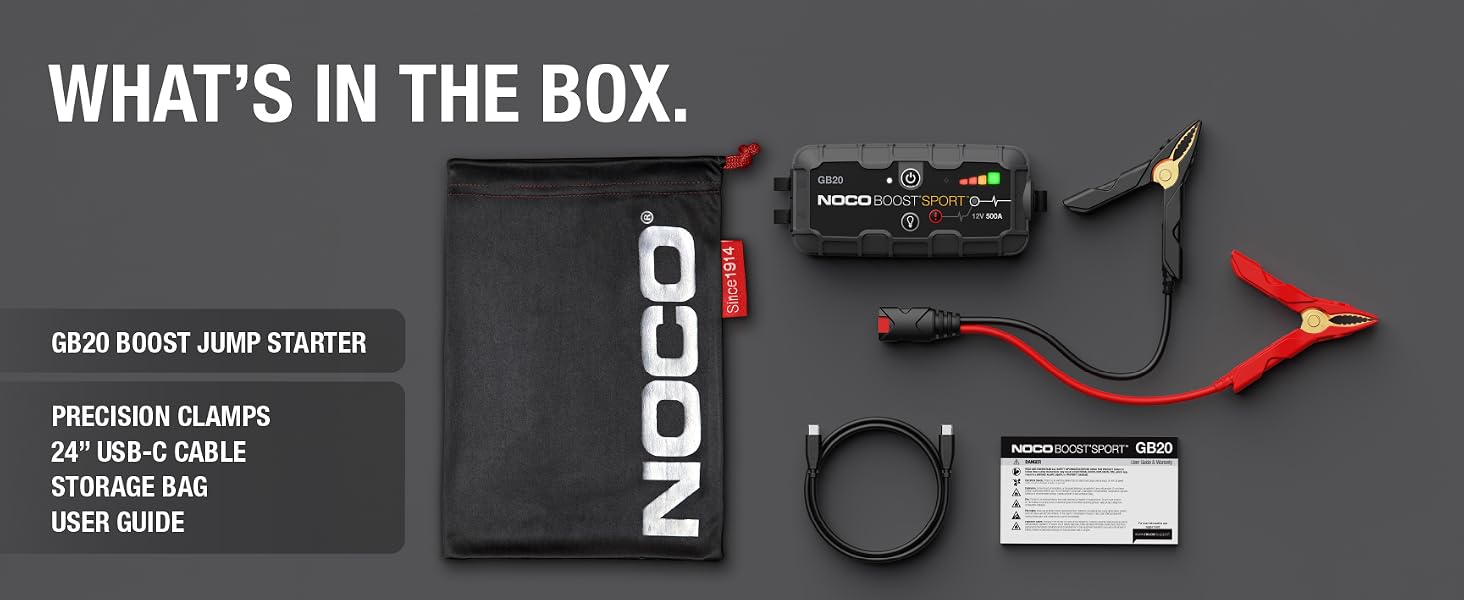 Whats in the box. GB20 jump starter, jumper cable clamps, USB cable and microfiber bag.