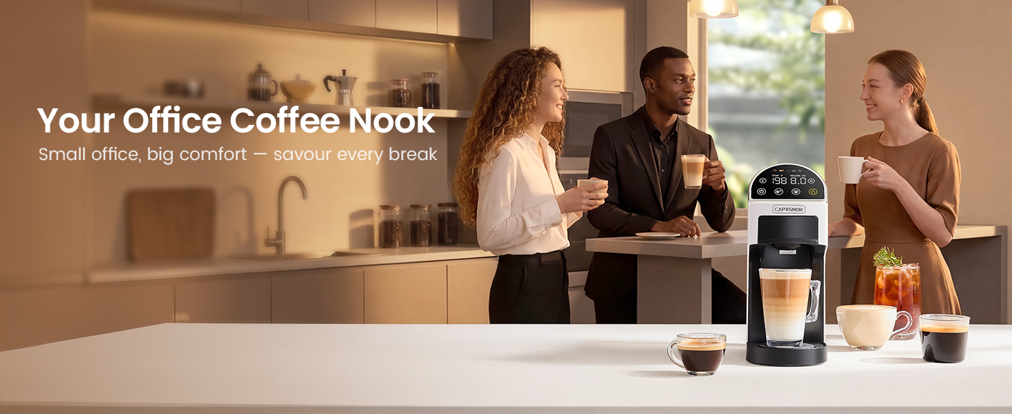 Team savoring fresh espresso and lattes in the office coffee nook, made easily by Magician2 Mini.