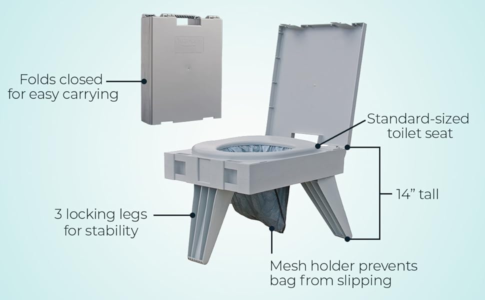 Folds closed, 3 locking legs for stability, standard size toilet seat, mesh bag holder,14 in tall