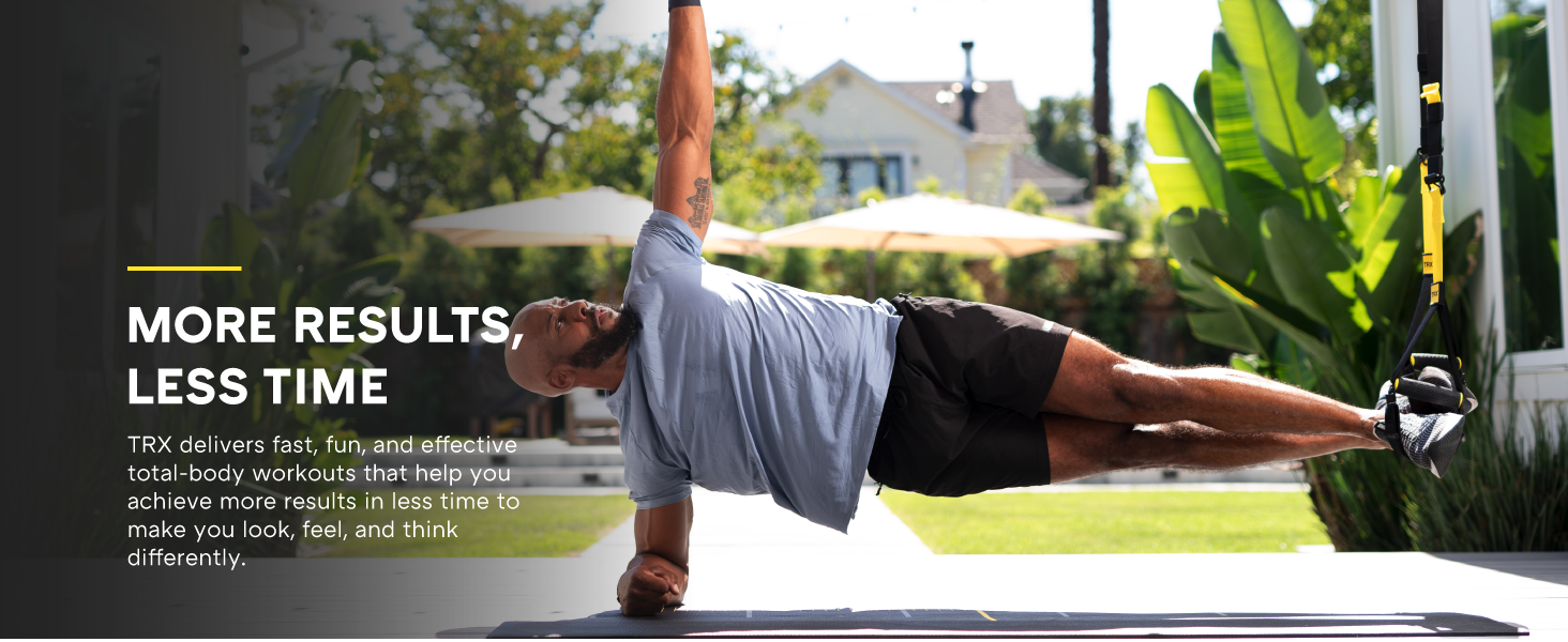 A person using at-home exercise equipment. Text reads: Delivers an effective total-body workout.