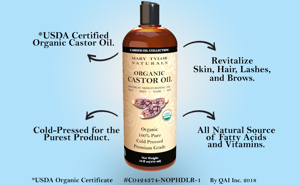 USDA Certified Organic CAstor Oil by Mary Tylor Naturals Skin Hair Lashes Brows