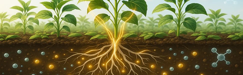 Field crops with strong roots and molecular overlays showing biostimulant benefits