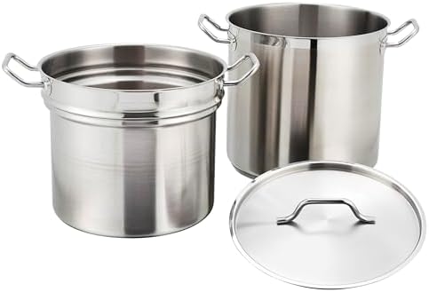 Winco 20 qt Stainless Steel Double Boiler with Cover | Gentle heat prevents scorching, Protects delicate foods from direct heat, Heavy-duty
