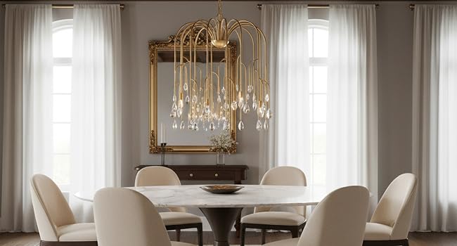 Art Deco-inspired 8-light chandelier in Noble Brass, crystal waterfall design, curved arms