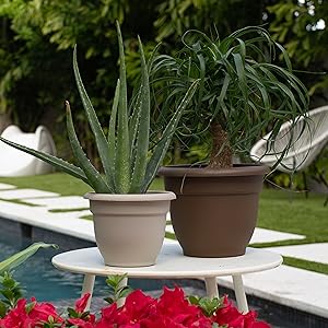 Ariana planters in pebble stone beige (left) and chocolate brown (right)