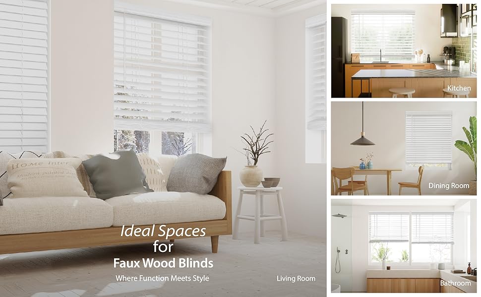 DEZ FURNISHINGS Cordless Faux Wood Blinds Room Settings