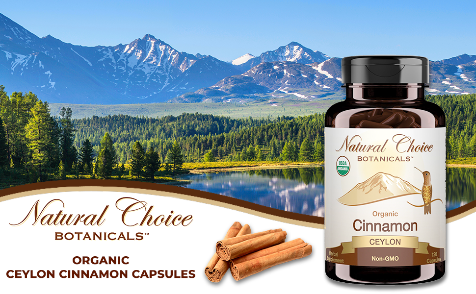 Ceylon Cinnamon Supplement Capsules Bottle with Mountain Background