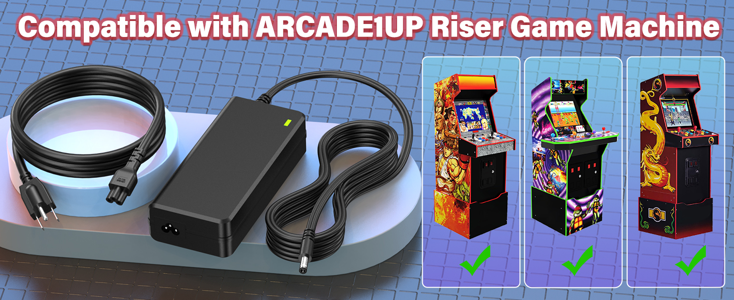 12V Replacement Charger Cord for ARCADE1UP Arcade 1up All Riser Cocktail Table