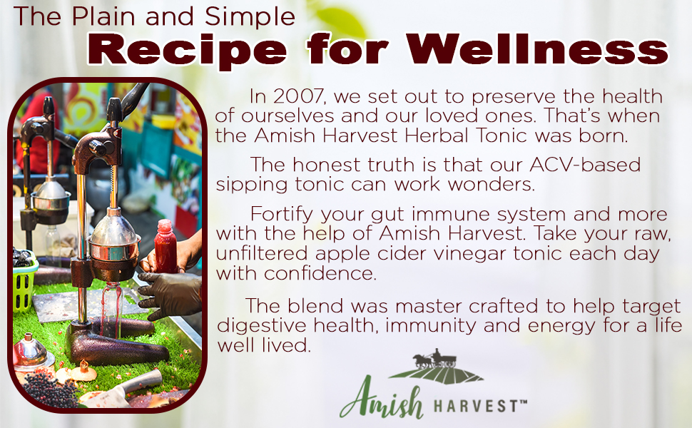 the founders of amish harvest holding the apple cider vinegar tonic