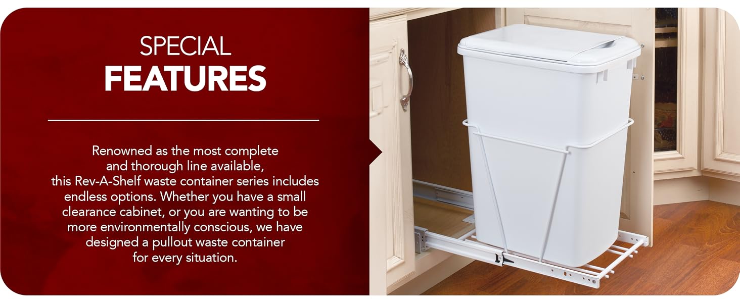 A pullout waste container outside a white cabinet system. Text reads: Special Features.