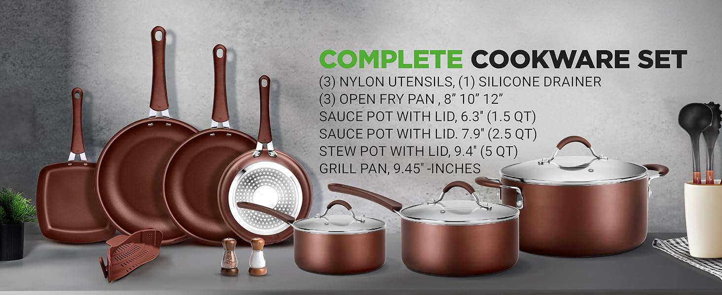 NutriChef cookware set with frying pans, saucepots, stew pot, grill pan, and silicone drainer