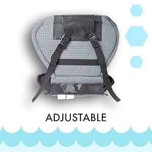 Seat pad with back, facing backwards with adjustable straps and clips on the back