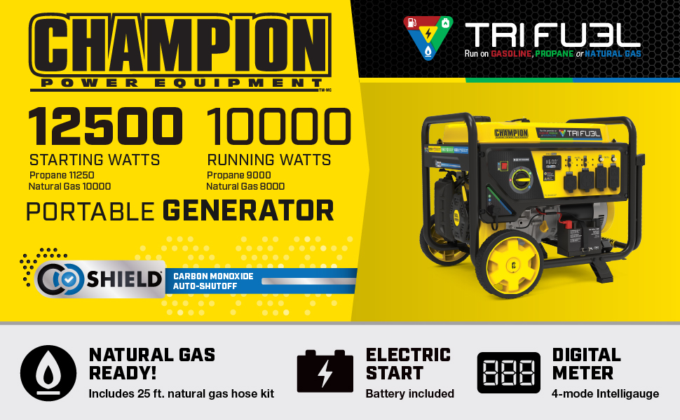 Champion 10,000-Watt Electric Start Tri Fuel Home Backup Portable Generator with CO Shield