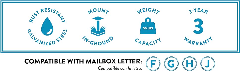 rust resistant, mount in ground, 50 lbs weight capacity, compatible with mailbox letters F, G, H, J