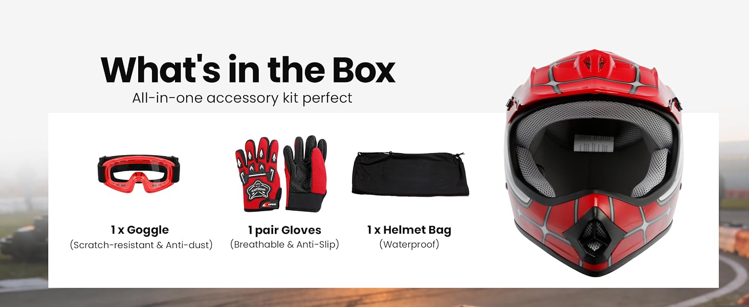 kids motorcycle helmet with goggle and gloves