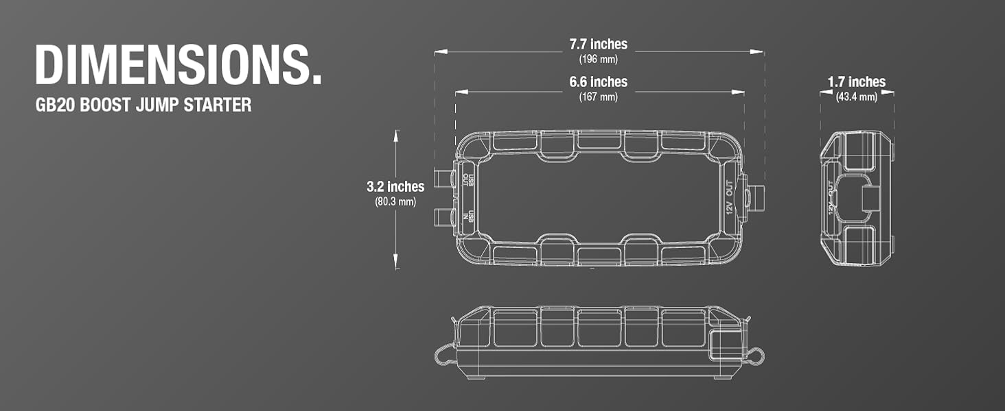 Dimensions. The dimensions of the GB20 jump starter.