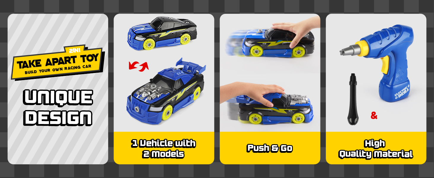 Take-apart toy car set. Blue race car design, includes screwdriver. Multiple panels show disassembly and reassembly process.