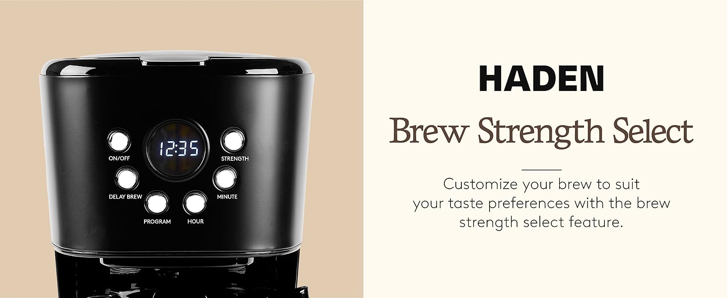 Text reads Brew Strength Select with lifestyle image of coffee machine.