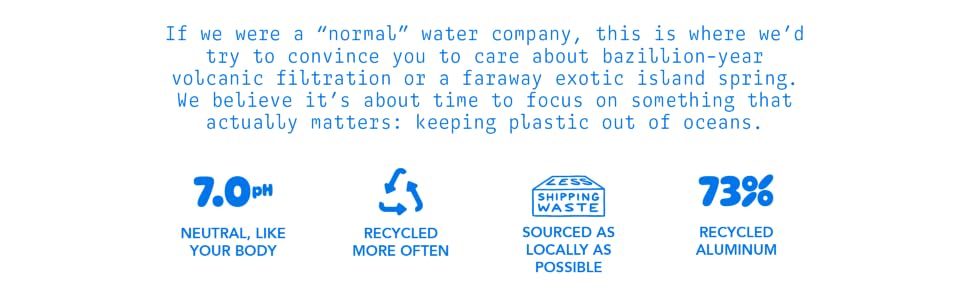 Iconography showing a 7.0pH level, recycled more often, locally sourced, and a 73% recycling rate