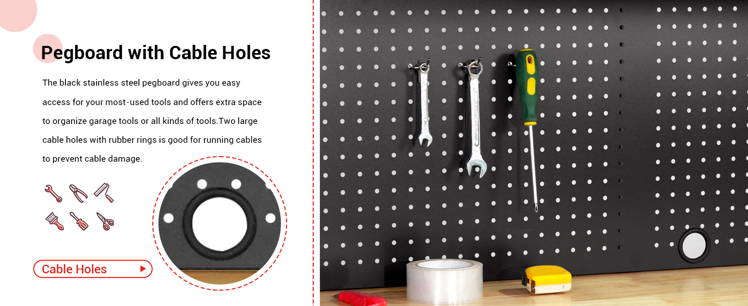 Detailed view of pegboard with cable hole, designed for organized cord management