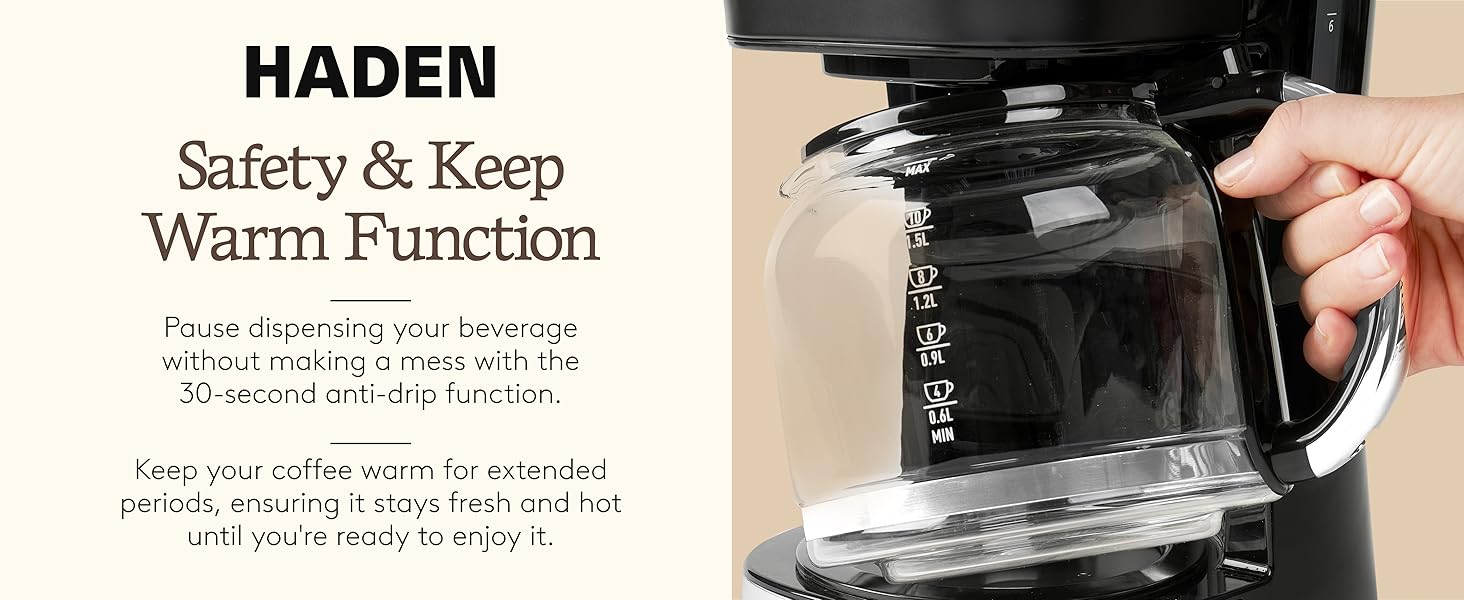Text reads Safety &amp;amp; Keep Warm function with lifestyle image of coffee machine.