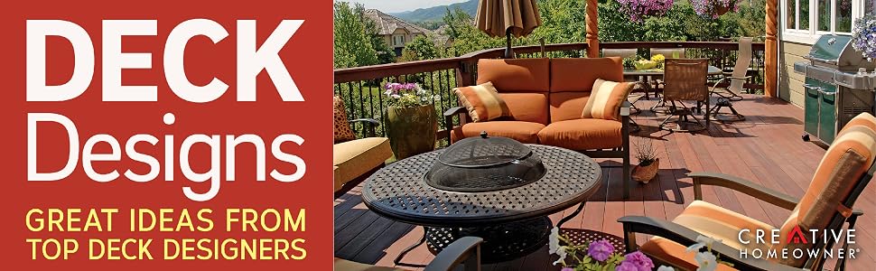 Photo of an outdoor deck design with patio furniture,, grill, fire pit, text: Deck Designs.