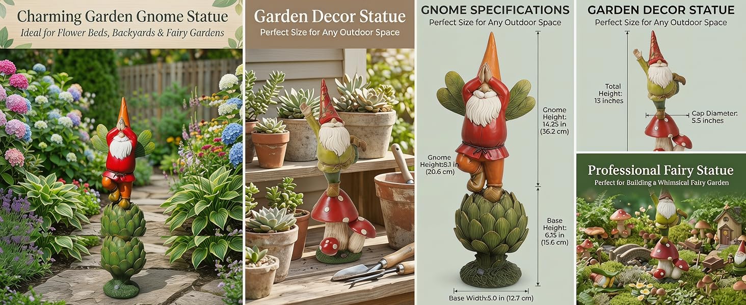 Garden Gnome Standing on Mushroom, Outdoor Decor for Yard &amp;amp; Patio