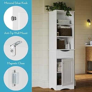 Tall cabinet displayed in room. Includes, mirrored silver knobs, wall mount, and magetic close