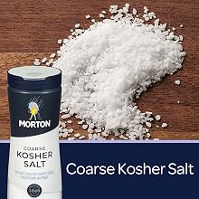 Coarse Kosher Salt on Wood background with Product Packaging in Front