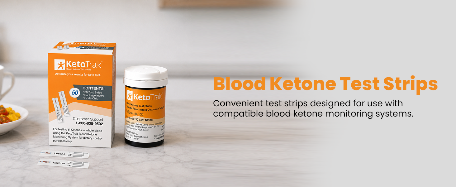 Blood ketone test strips designed for use with compatible blood ketone monitoring systems
