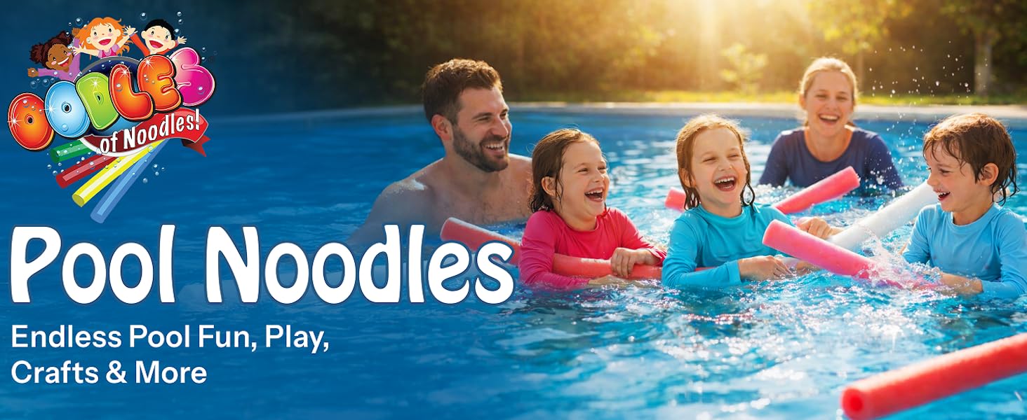 a family floating in a pool with colorful pool noodles
