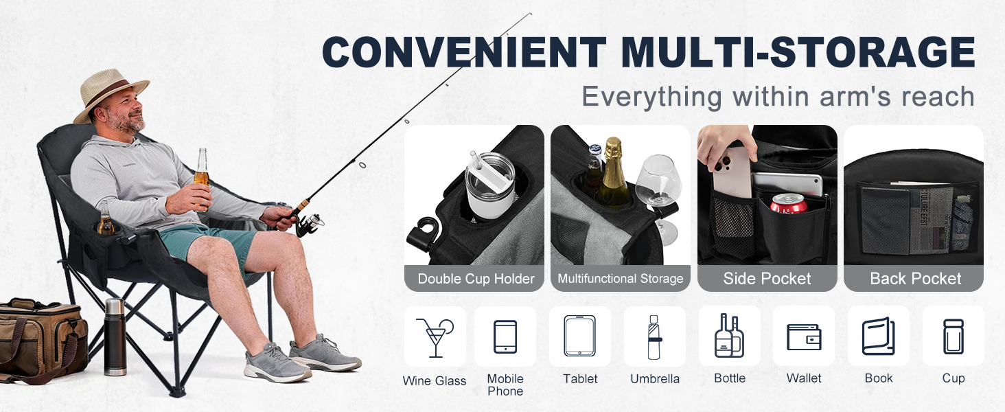 convenient multi-stotage, double cup holder, multifunctional storage, side pocket, back pocket