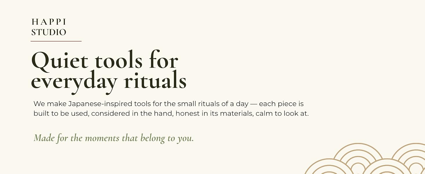 Happi Studio brand card: Quiet tools for everyday rituals, seigaiha wave accent