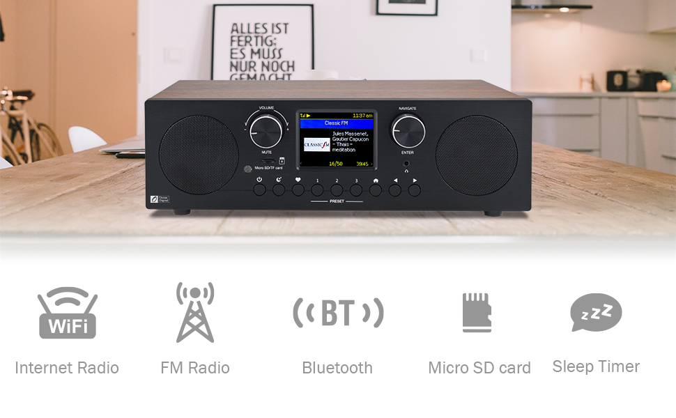 internet radio, fm radio, bluetooth,SD card