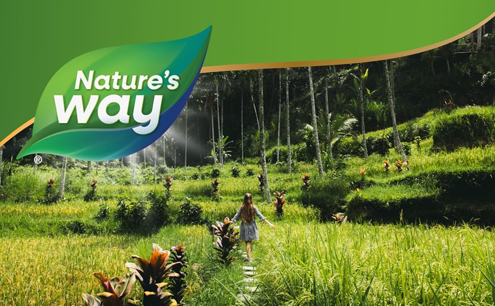 Nature's Way banner featuring a woman walking in a rice paddy