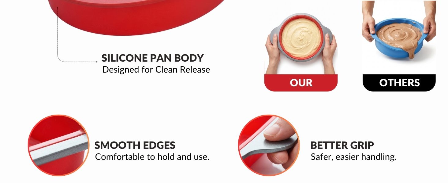 Smooth edges designed for a comfortable grip and improved handling during baking.