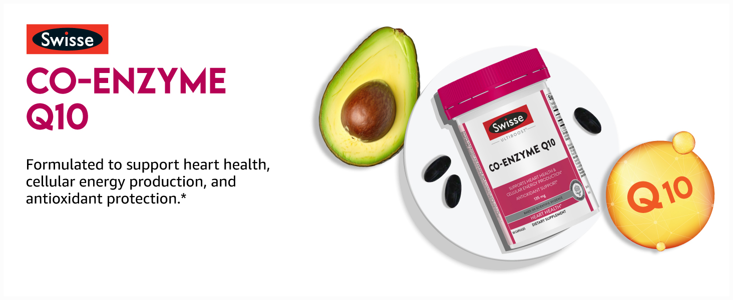 Swisse Co-Enzyme Q10 supplement bottle with capsule visuals.